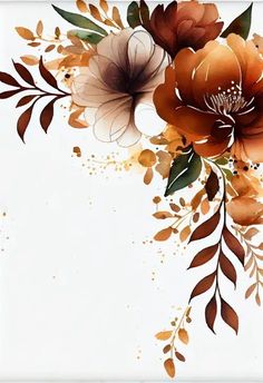 an orange and brown flower arrangement on a white background