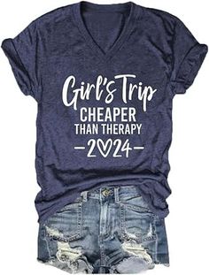 Blouse Size Chart, Travel Tshirt, Cheaper Than Therapy, Lake Days, Letter Print Tee, Funny Letters, Girls Trip Shirts, Hiking Shirt, Tshirt Women