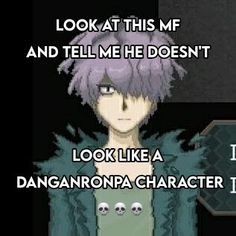 an anime character with purple hair and text that reads look at this mf and tell me he doesn't look like a danganronpa character