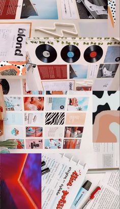 many different pictures are arranged together in this collage, including vinyl records and other items