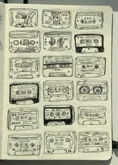 a drawing of old school radio cassettes and tape recorders on a piece of paper