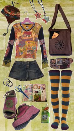 aesthetic 2000s outfits Funky Layering Outfits, 90s Maximalism Fashion, Outfit Collages Aesthetic, Funky Outfit Aesthetic, 2000s Colorful Outfits, Y2k Fall Outfits Aesthetic, Weird Cute Outfits, Childish Outfits Aesthetic