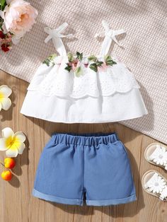 Blue and White Boho  Sleeveless  Plain  Embellished Non-Stretch Summer Baby Clothing Embroidery Bow, Kids Dress Patterns, Eyelet Embroidery, Baby Clothes Patterns, Stylish Dress Book