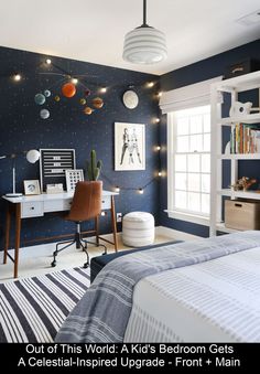 a bedroom decorated in blue and white with planets on the wall, lights strung from ceiling