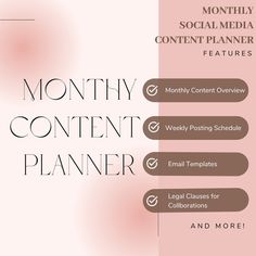 the month content planner is shown in pink and brown, with four options for each month