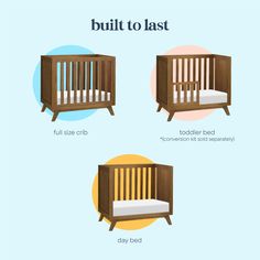 three different cribs with the names built to last and toddler bed below