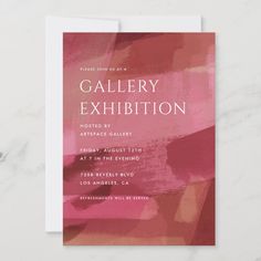 an abstract pink and red art exhibition card with the words gallery exhibition written on it