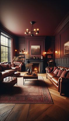 a living room filled with furniture and a fire place next to a large window on top of a hard wood floor