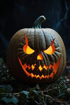 a carved pumpkin with glowing eyes on it