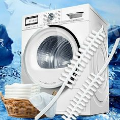 a white washing machine sitting in the middle of water next to a wicker basket