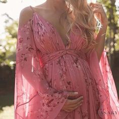 Lasaky - Maternity Floor-Length Dress with Spaghetti Straps, Deep V-Neck, Printed Design, and Pleated Batwing Sleeves Dress For Pregnant Women, Bohemian Dresses Long, Print Chiffon Maxi Dress, Boho Plus Size, Pink Strapless Dress, Spring Maxi Dress, Floral Print Dress Long, Maternity Dresses For Photoshoot, בר מצווה