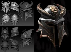 several different types of armor and helmets with horns, wings, and fangs on them