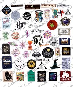 many harry potter stickers are arranged on a white background, including hogwart's crests