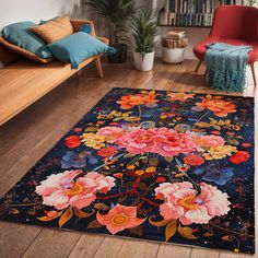 an area rug with flowers on it in front of a couch and bookshelf