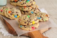 chocolate chip cookies with m & m candy on top