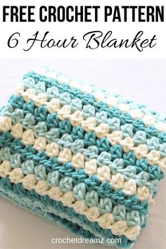 a crocheted dish cloth with text overlay that says free crochet pattern 6 hour blanket