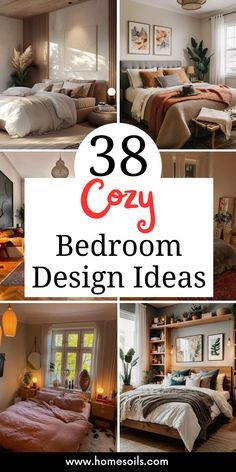 bedroom design ideas with the words cozy and cozy written in red on top of them