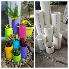 there are several different types of planters on the ground and one is made out of plastic cups