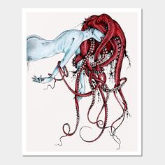 a drawing of an octopus and a horse on a white background throw blanket by the sea