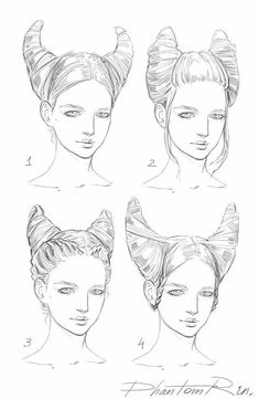 four different hairstyles for women with long hair and horns on their heads, all in