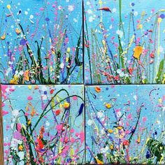 four paintings of flowers and grass with blue sky in the background