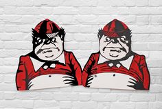 two stickers depicting the faces of two men in red shirts and hats, one with his hands on his hips