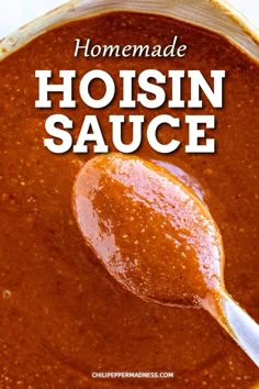 homemade hoisin sauce in a bowl with a spoon on the side and text overlay that reads homemade hoisin sauce