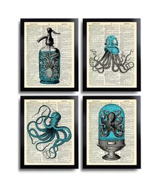 four framed pictures with an octopus in a bottle on top of each one, and the other