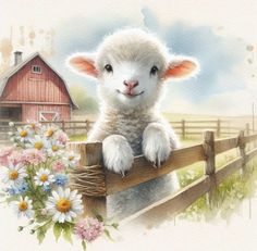 a painting of a sheep leaning on a fence with daisies in the foreground