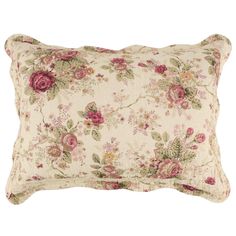 a white pillow with pink flowers on it