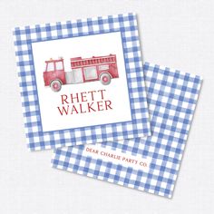 two cards with the words rhettt walker and a red firetruck on them