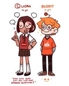 two young people standing next to each other with thought bubbles above their heads and the words reddit written below them