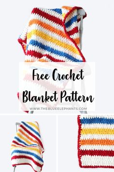 the crochet blanket pattern is shown in three different colors