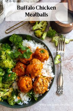 a plate full of meatballs and rice with broccoli on the side next to a fork