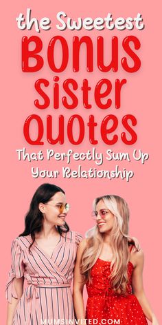 two women standing next to each other in front of a pink background with the words, the