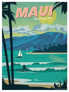 a poster with the words mau on it and a man surfing in the ocean