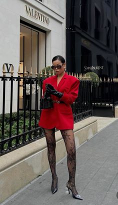 Office Chic Outfit Boss Lady, Red Suit Outfit Women, Red Style Outfit, Red Holiday Outfit, Red Leather Dress Outfit, Satin Gloves Outfit, Red Going Out Outfits, Santacon Outfits Women, Outfit Blazer Rojo