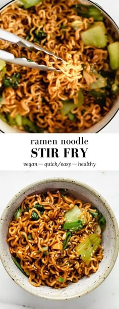 two pictures of noodles and vegetables in a white bowl with the words ramen noodle stir fry