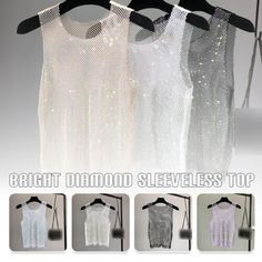 Top Seller for Shiny Bling Crystal Diamond Fishnet Vest Tank Top Tee Cocktail Party Clubwear, Womens Tops Disco Style Sleeveless Evening Tops, Sleeveless Disco Tops For Evening, Fitted Sequin T-shirt For Summer, Disco Style Sleeveless Party Tops, Elegant White Club Top, Elegant White Tops For Club, Disco Style Sleeveless Club Tops, Disco Style Top For Club And Party Season, Disco Style Club Top For Party Season