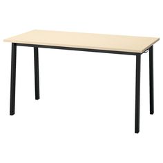 a rectangular table with black legs and a light colored top on an isolated white background