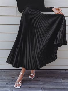 Black Elegant   Polyester Plain Pleated Embellished Non-Stretch Spring/Summer/Fall Women Bottoms Black Pleated Midi Skirt, Long Midi Skirt, Preppy Prom, Trendy Business Casual, Business Formal Dress, Coachella Dress, Boho Bridesmaid, Formal Dresses Gowns, Pleated Maxi Skirt