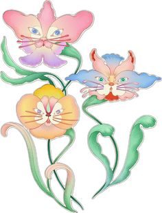 three flowers with cats on them are painted in pastel colors and have green stems