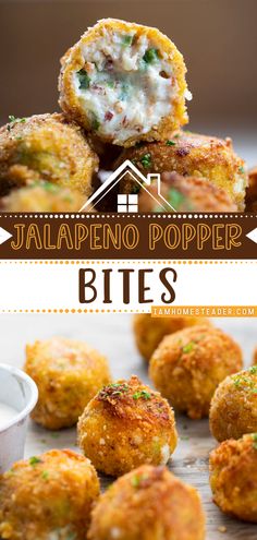 some appetizers are sitting on a table with the words jalapeno poppers bites above them