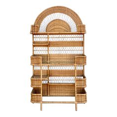 a bamboo shelf with baskets on it