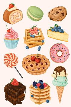 an illustration of different types of desserts and pastries