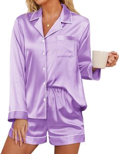 PRICES MAY VARY. Material:Ekouaer pajama set is made of satin fabric.Ultra Soft,skin friendly,breathable,lightweight,keeps easeful sleeping at night，help you have a sound sleep. FEATURES:Pajamas top crafted with classic notch collar,button front,v neck,length at hips,contrast piping.Chest pocket allows you to store some small stuff.Pajama shorts for women with soft elastic waist that fits for any body size and makes relaxing as comfort as possible.This summer pjs for women Perfect for sleepwear, Silk Nightwear Romantic, Pjs Shorts, Bridal Party Pajamas, Bridal Sleepwear, Summer Pjs, Womens Loungewear Sets, Silk Pajamas Women, Loungewear Fashion, Silk Nightwear