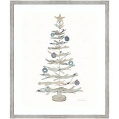 a watercolor painting of a christmas tree with ornaments on the top and below it