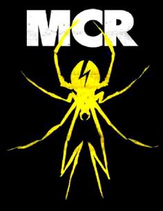 a yellow spider with the word mcr on it's back ground and black background