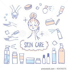 skin care icons and symbols on white background with blue lines, handwritten text in the center