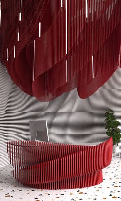 an artisticly designed room with red and white walls